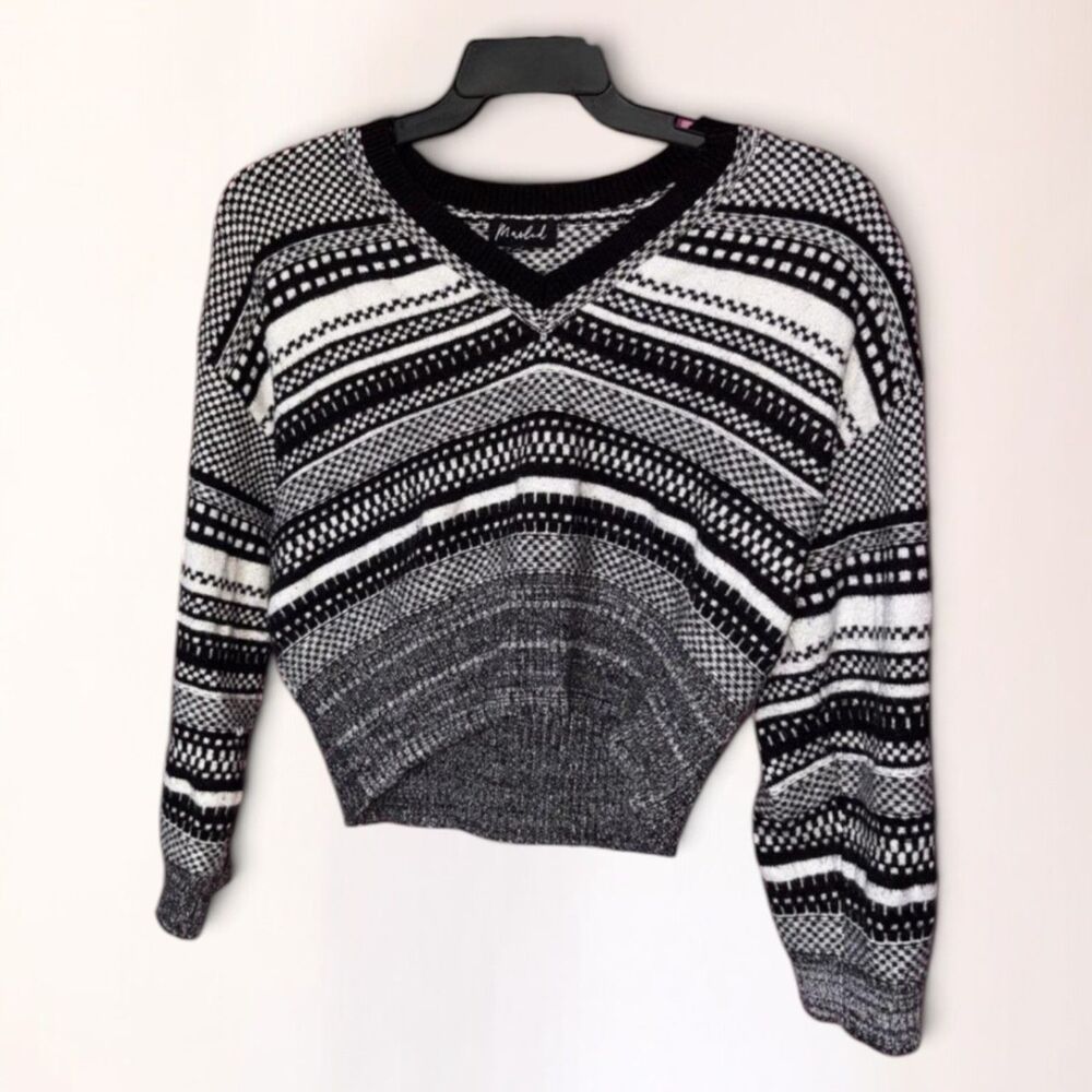 Marled Women’s Cropped Sweater S Black White Geometric V-Neck Knit Boho